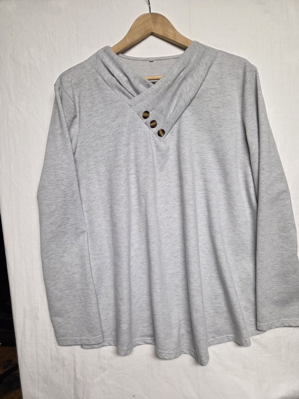 Light Gray Long Sleeve V-Neck Top with Button Detail